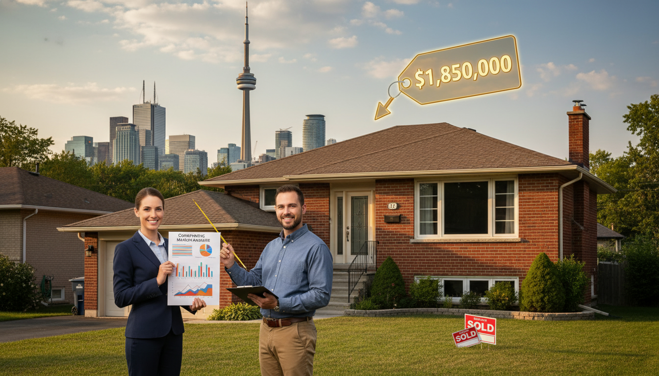 Realtor with CMA and appraiser with clipboard standing in front of a suburban house with price tag and sold signs