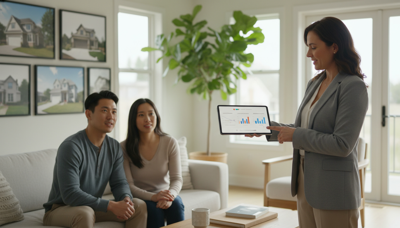 Realtor reviewing sales performance dashboard with charts and property photos in a modern home.