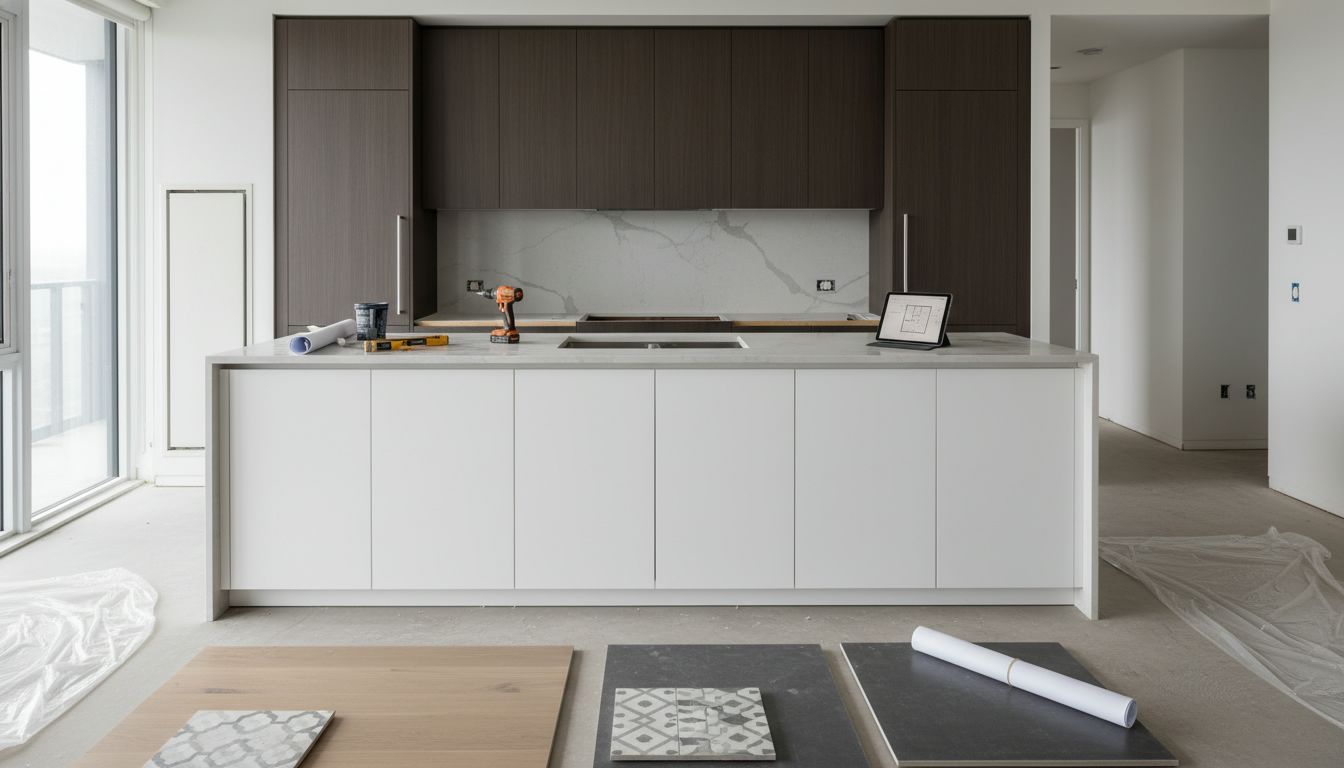 Modern condo kitchen under renovation with cabinets, flooring samples, blueprints and tools