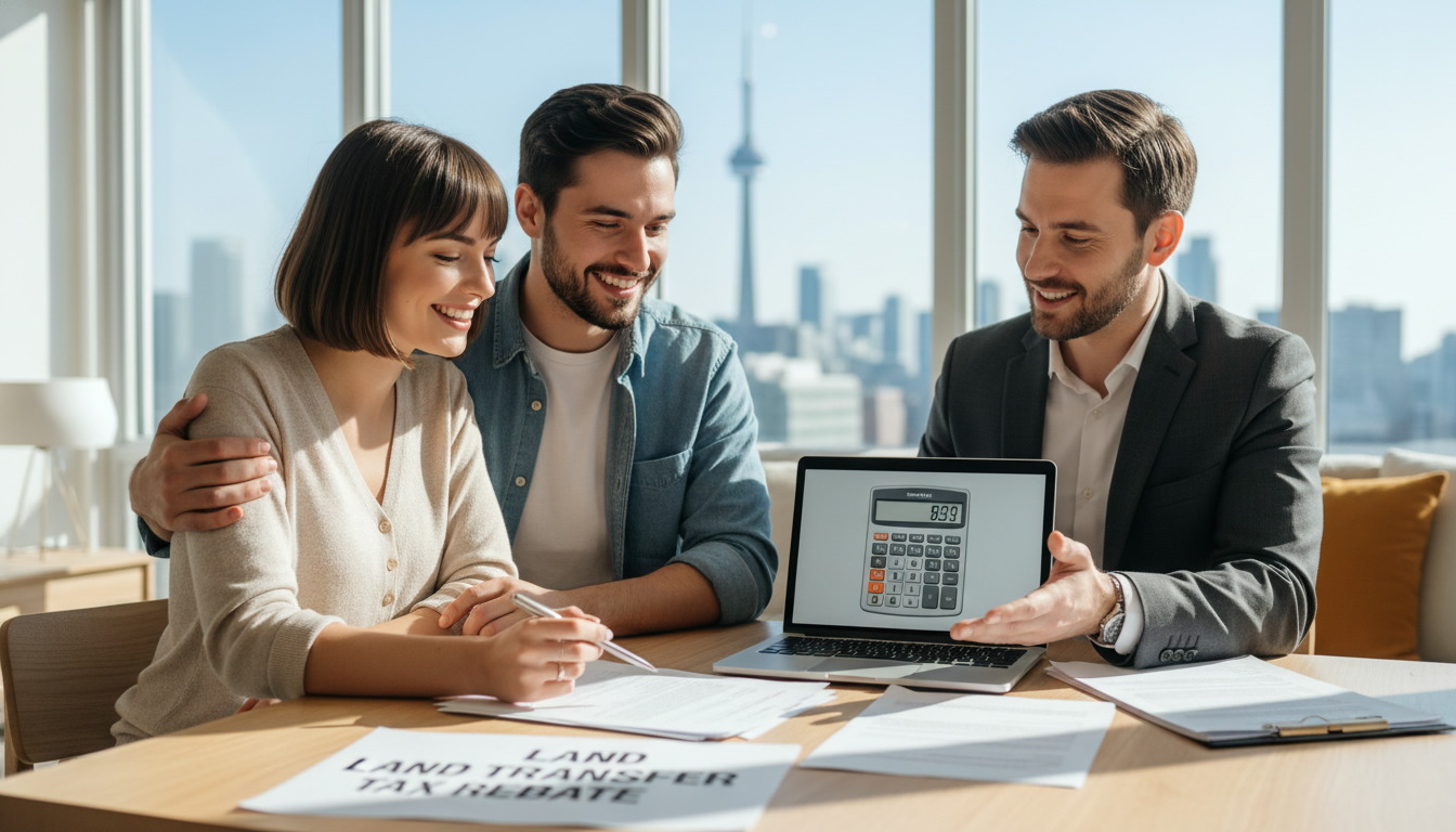 First-time buyers signing land transfer tax rebate paperwork with Toronto skyline visible
