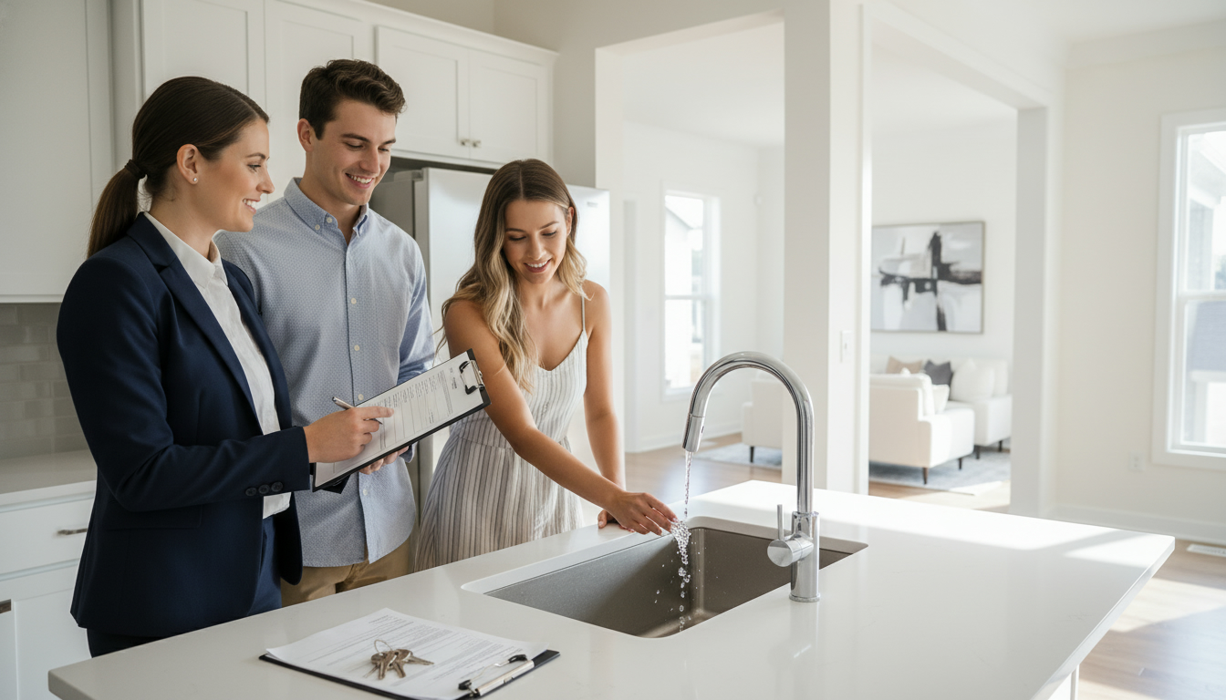 Realtor doing final walkthrough with buyers, clipboard checklist and appliances being tested
