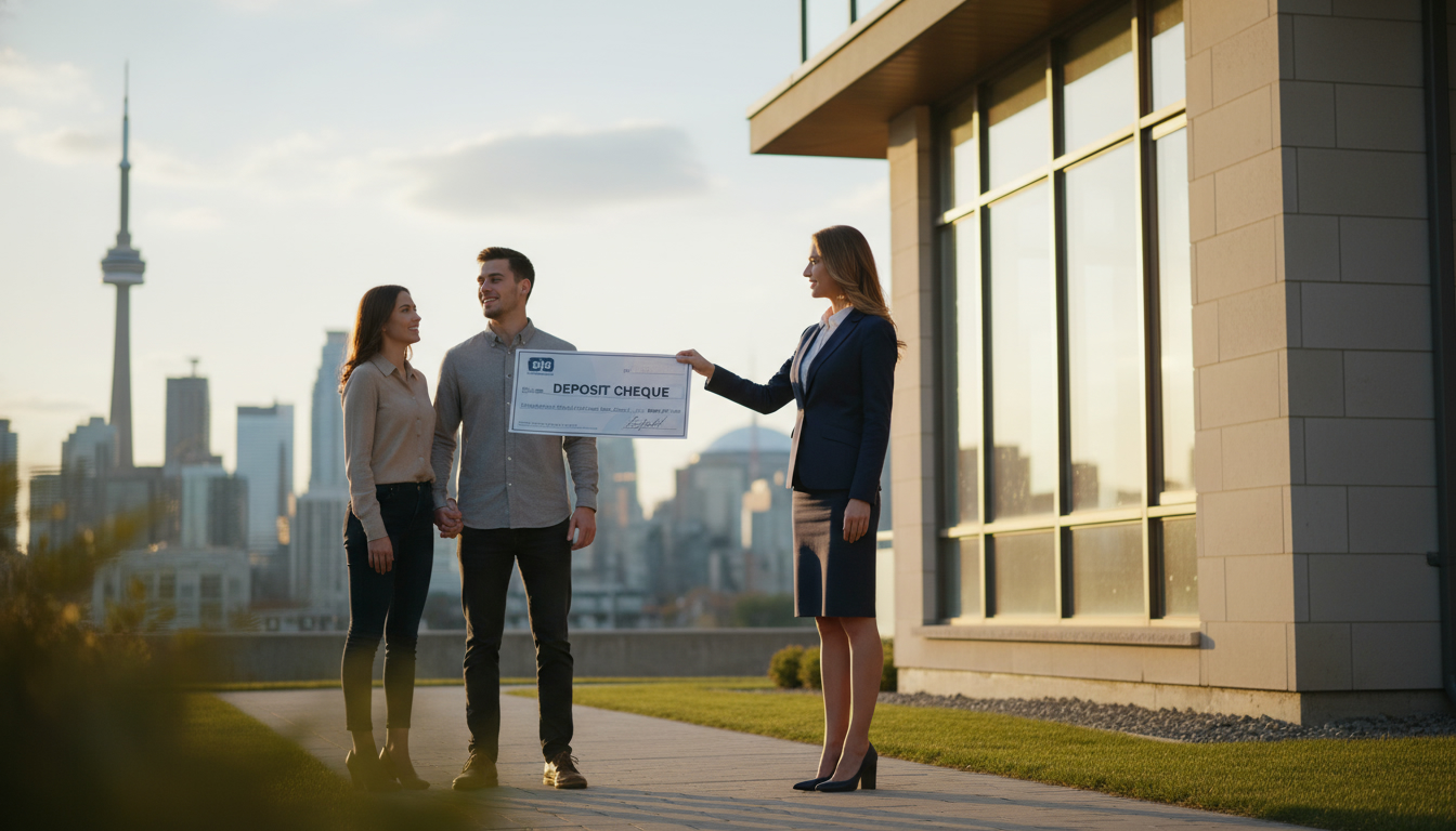 Realtor holding a signed house offer and deposit cheque in front of a modern Toronto home