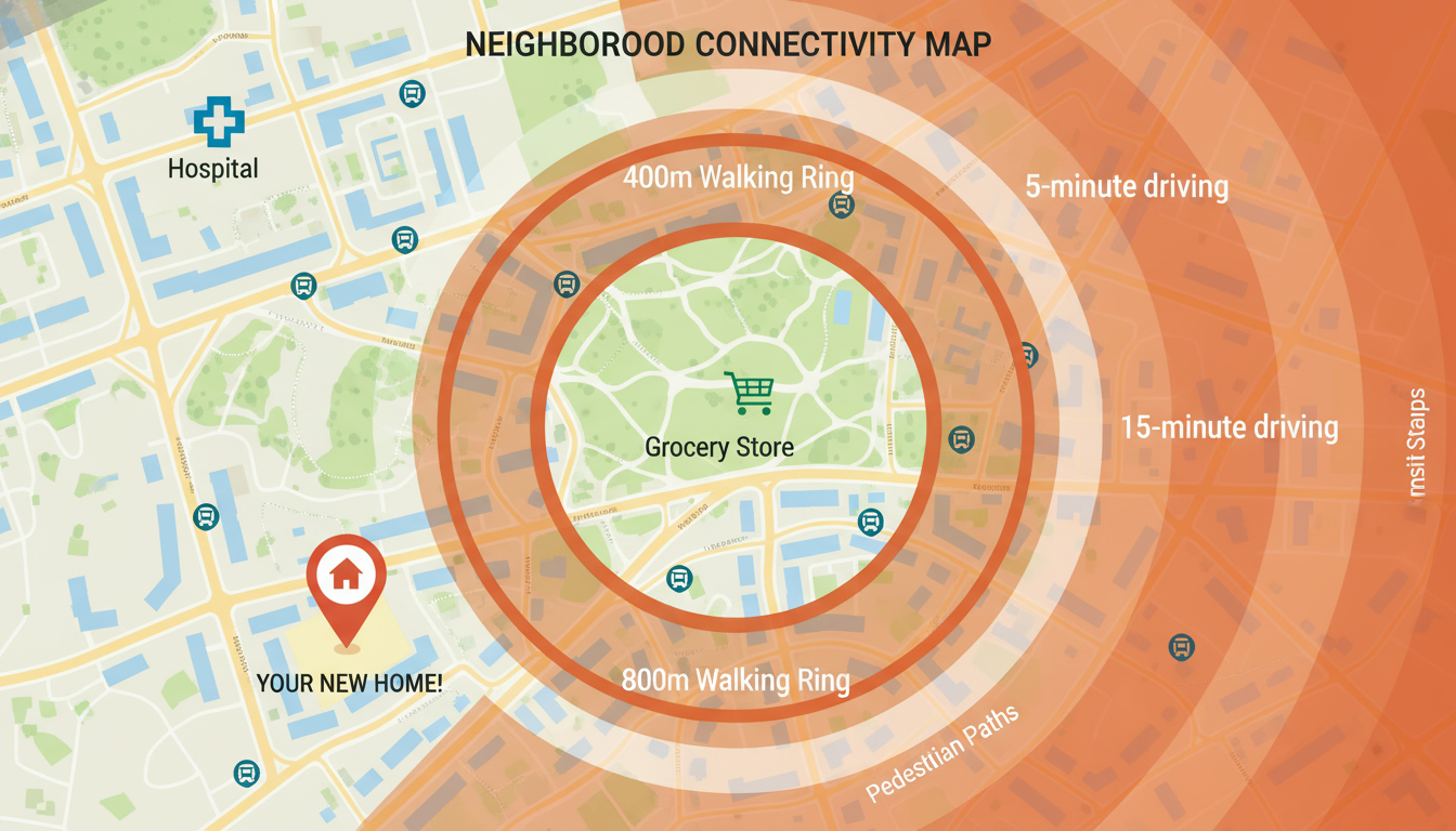 Neighborhood map with 400m and 800m walking rings around grocery store and isochrones to hospital showing 5–15 minute drive.