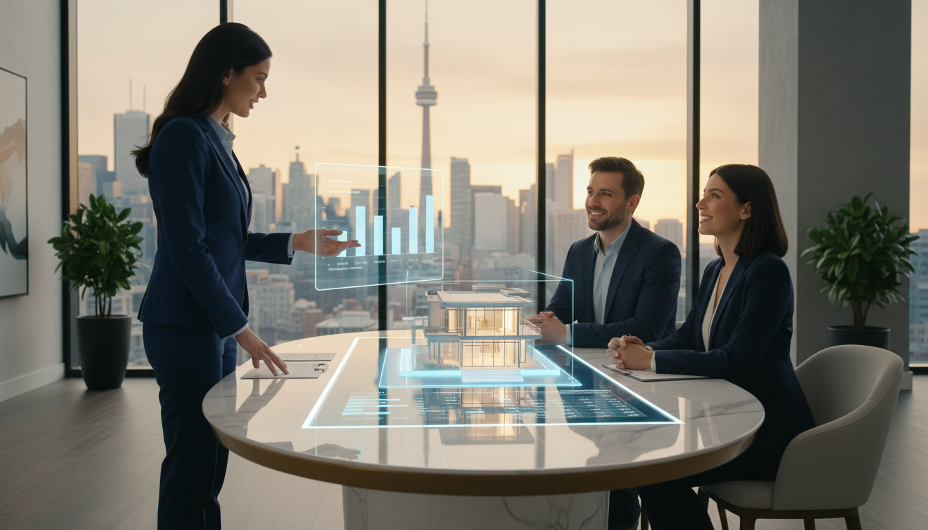 Realtor showing pricing strategy with chart and house model, Toronto skyline in background