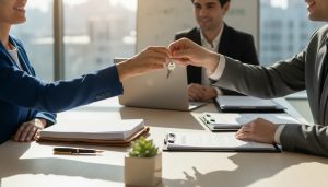 Real estate agent handing house keys to buyer during closing with documents on table