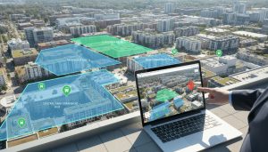 Aerial map of city neighborhood with highlighted upcoming development sites, a laptop showing a municipal planning portal, and a planner pointing at the screen.