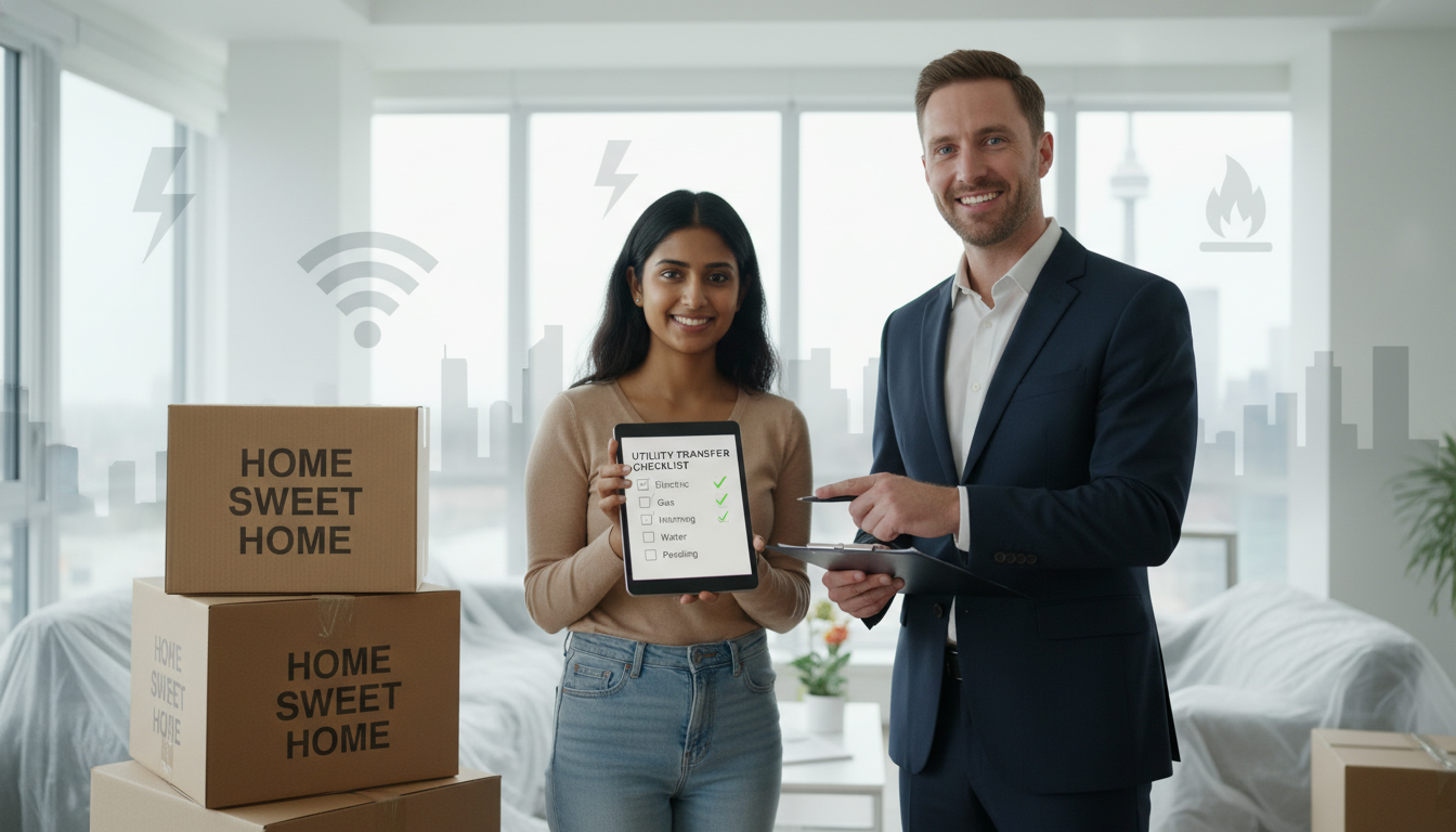 Homeowner using tablet to transfer utilities with moving boxes and realtor nearby