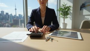 Realtor at closing table reviewing settlement statement, calculator, and meter readings with Toronto skyline behind