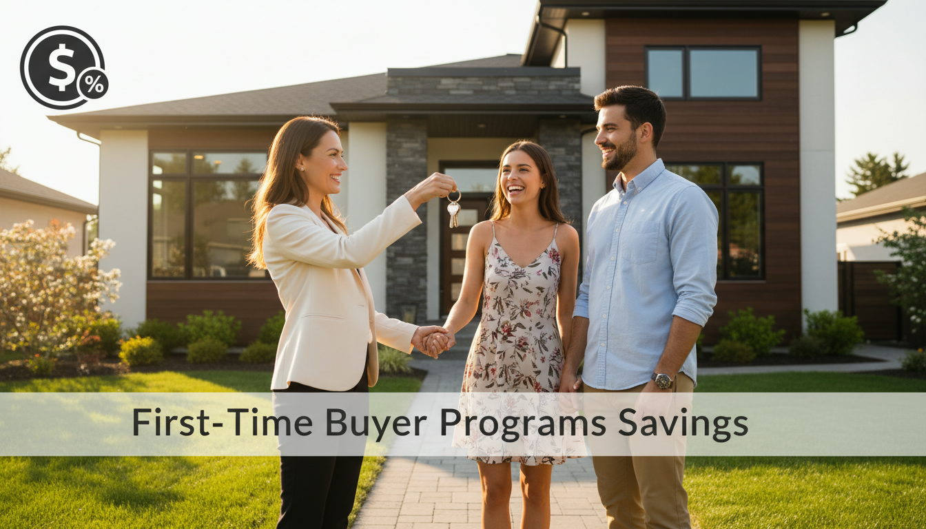 Realtor handing keys to happy young couple in front of house with text 'First-Time Buyer Programs Savings'.