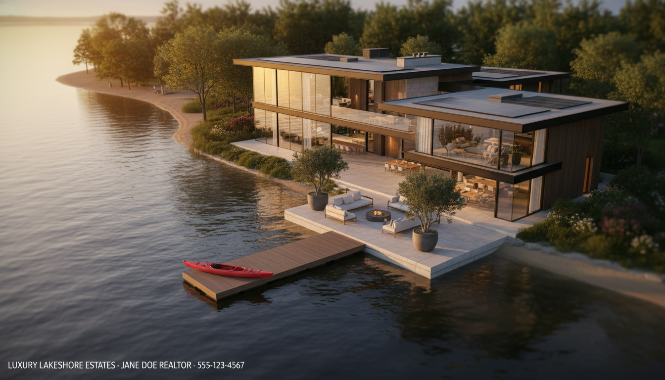 Luxury waterfront house with private dock at golden hour, drone aerial view