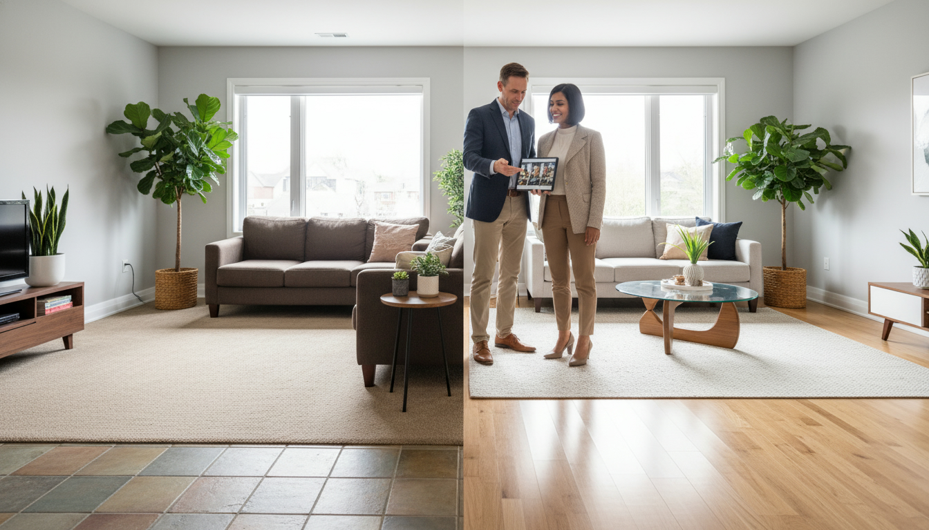 Staged living room showing before-and-after flooring with realtor and clients reviewing listing on a tablet