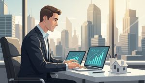 Realtor analyzing property ROI with charts, a model house, and city skyline in the background.