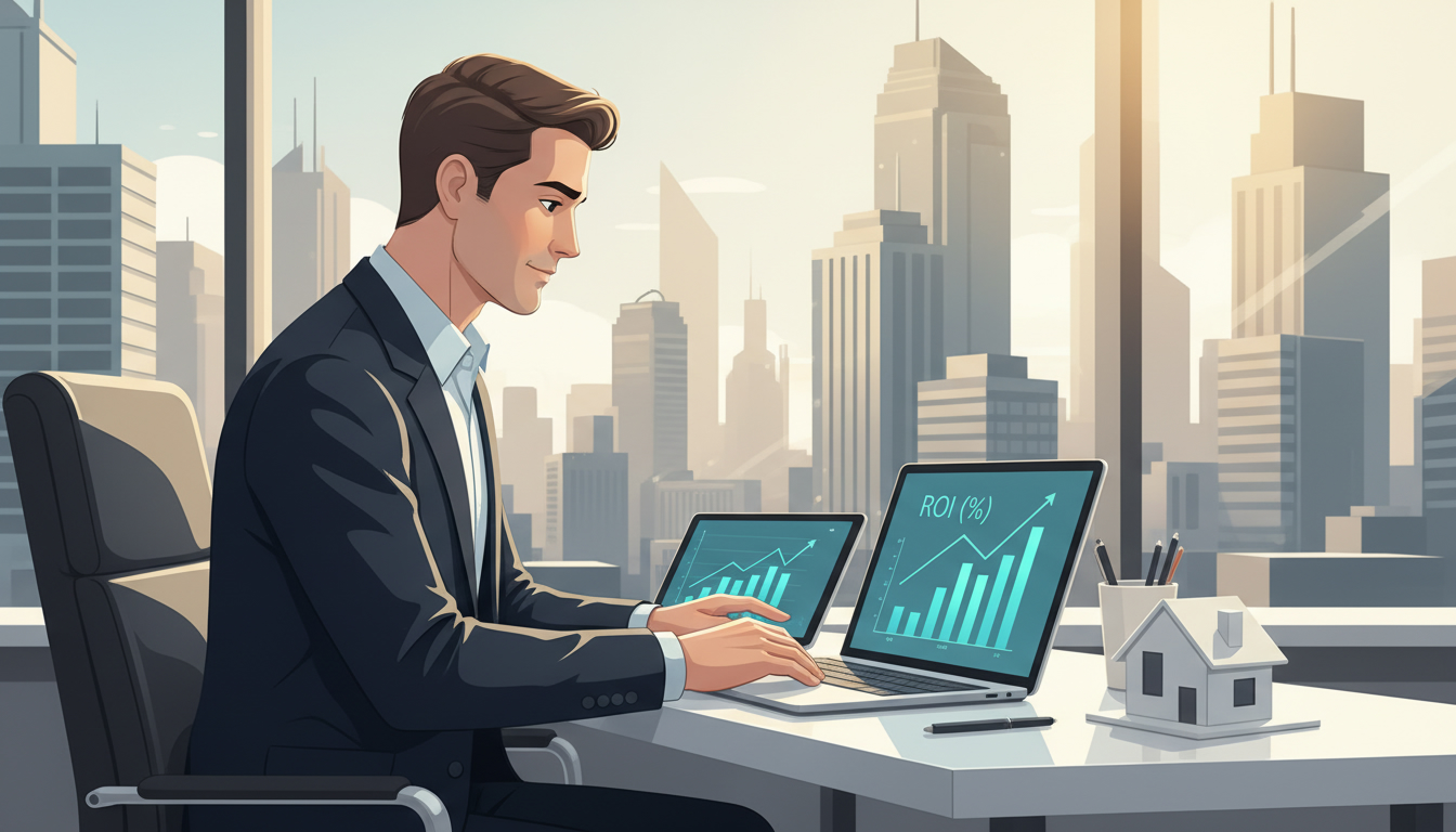 Realtor analyzing property ROI with charts, a model house, and city skyline in the background.