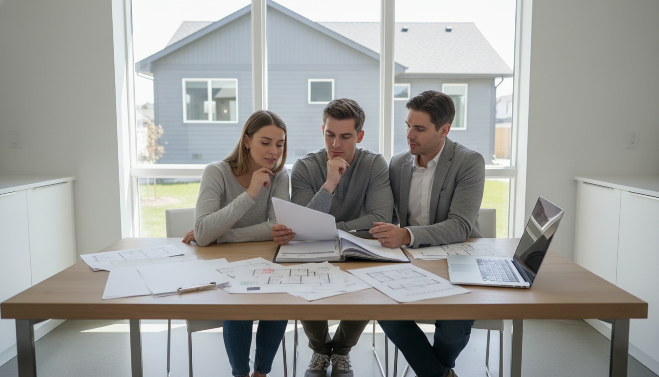 Realtor reviewing home inspection report and contractor estimates with buyers at a kitchen table