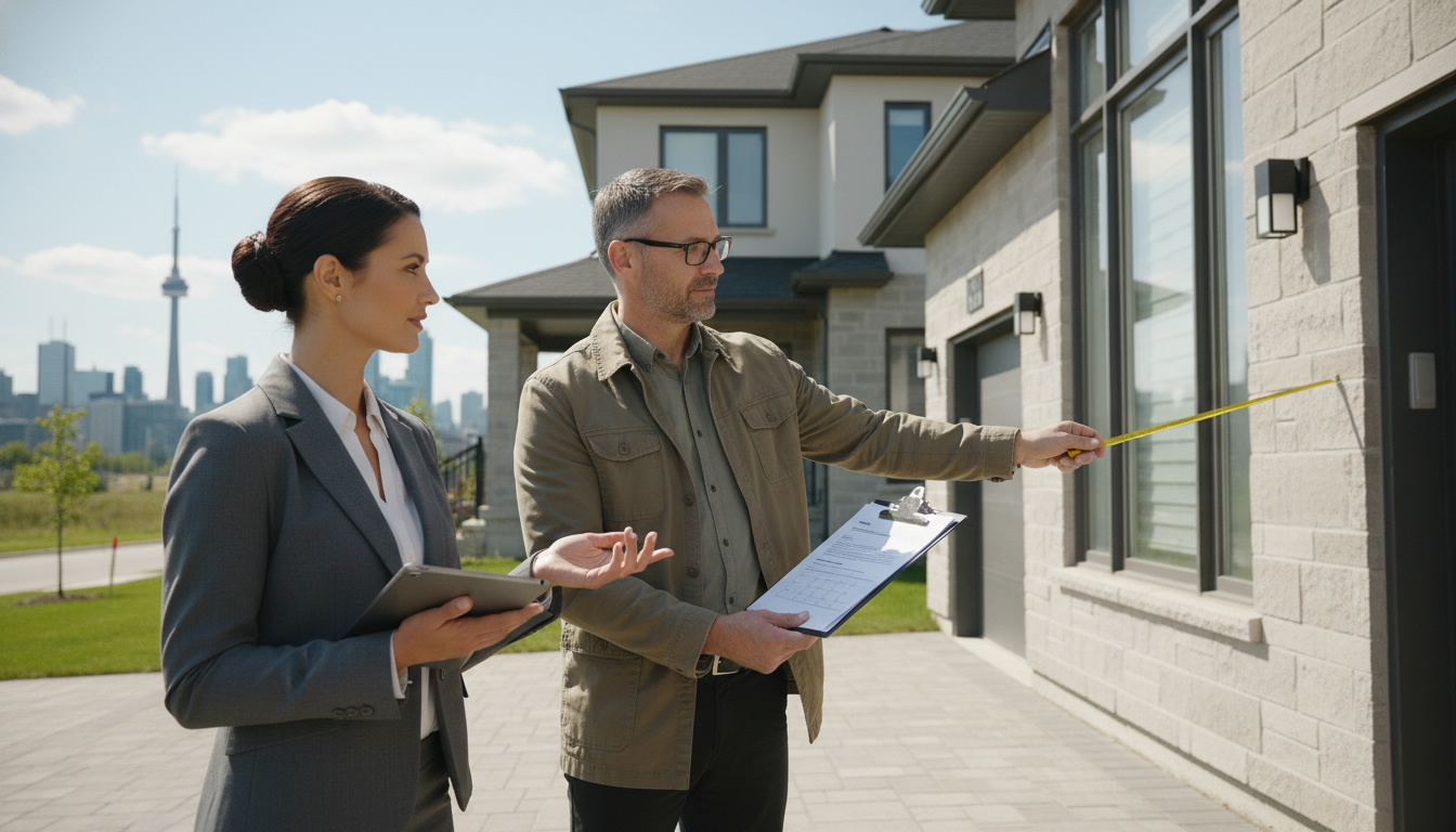 Appraiser evaluating a suburban house with appraisal report and realtor holding tablet