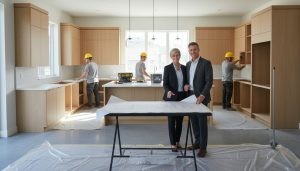 Home renovation in progress with realtor reviewing plans and contractors installing new kitchen cabinets