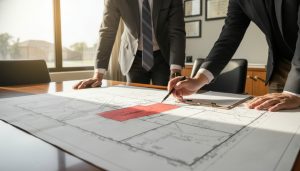 Realtor and homeowner reviewing a property survey with an easement marked in red