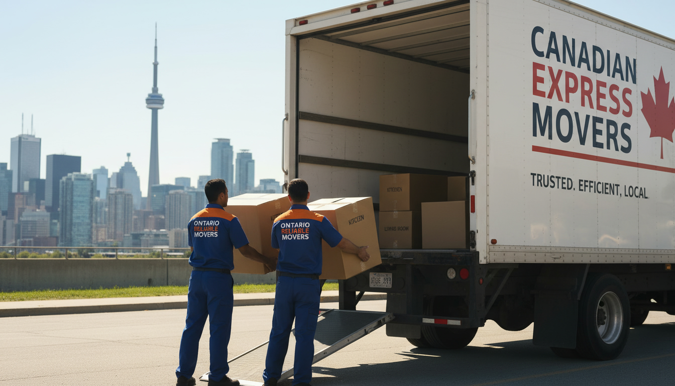 Professional movers loading boxes into a moving truck with Toronto skyline in background