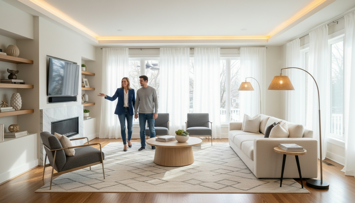 Staged living room with warm lighting and realtor showing home to buyers