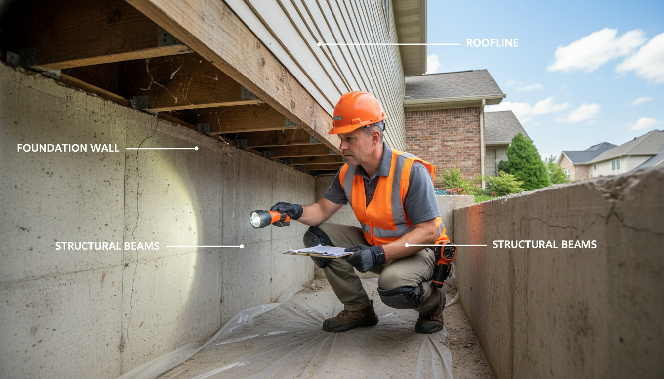 Home inspector examining foundation and structural beams in a crawlspace with clipboard and flashlight
