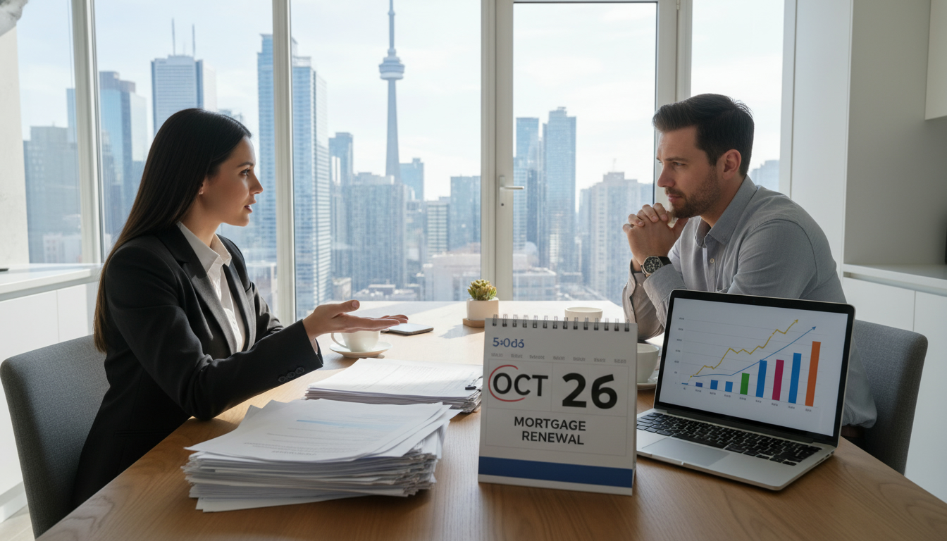 Realtor advising homeowner with mortgage documents and calendar showing renewal
