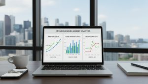 Laptop showing Ontario housing market dashboard with charts and Toronto skyline in background
