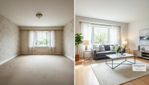 Before and after home staging: empty dull living room transformed into a bright, professionally staged space.