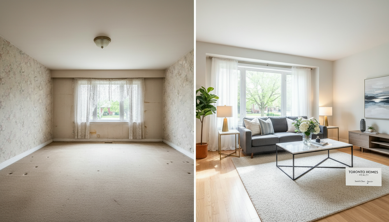 Before and after home staging: empty dull living room transformed into a bright, professionally staged space.