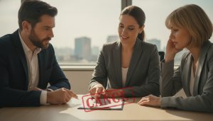 Real estate agent and clients reviewing a signed contract with a red cancel stamp overlay