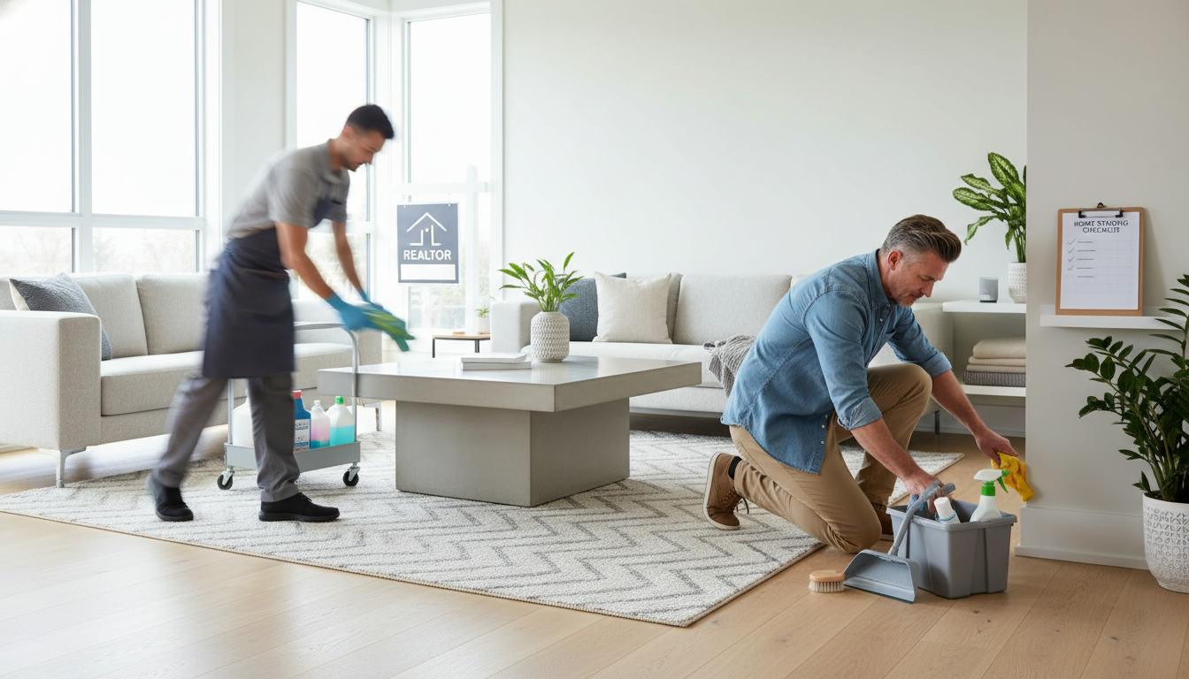 Staged living room with professional cleaner and DIY owner preparing a home for sale, clipboard with staging checklist visible