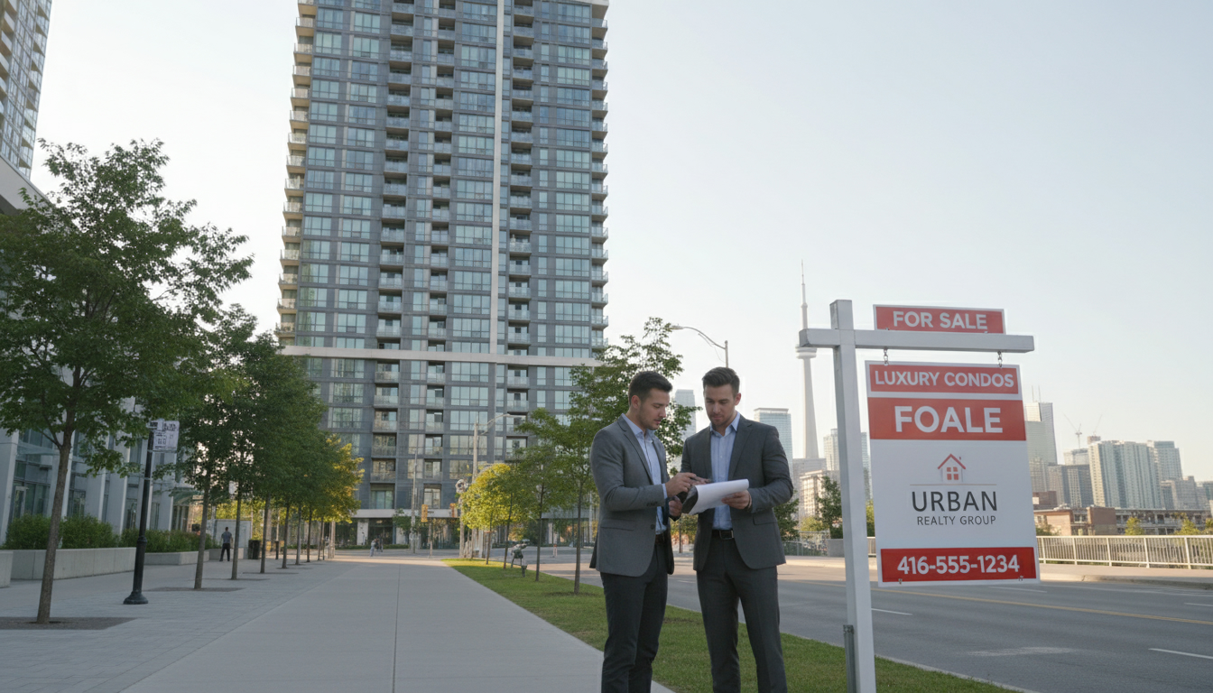 Realtor reviewing sale documents with tenant in front of modern condo building with for sale sign.