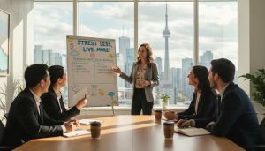 Professional workshop on stress management and mindset with smiling participants and playful whiteboard