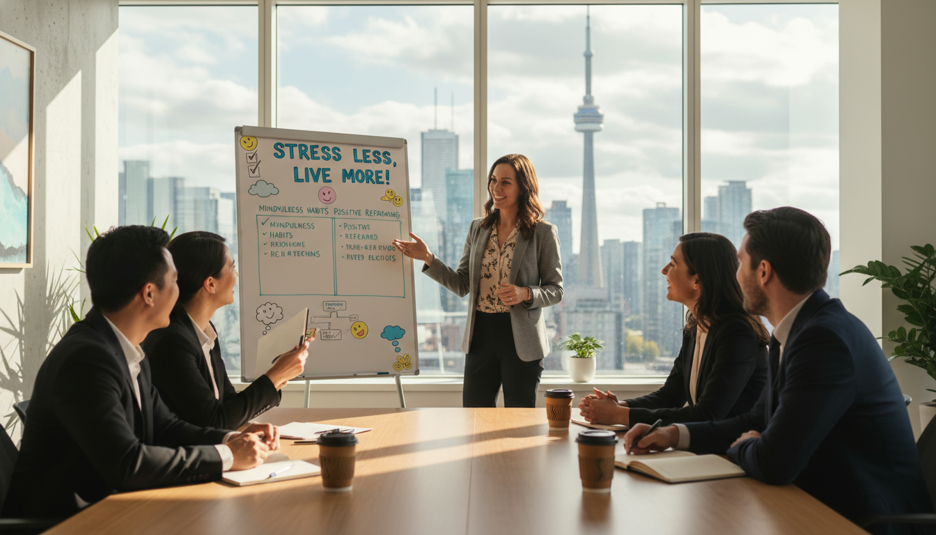 Professional workshop on stress management and mindset with smiling participants and playful whiteboard