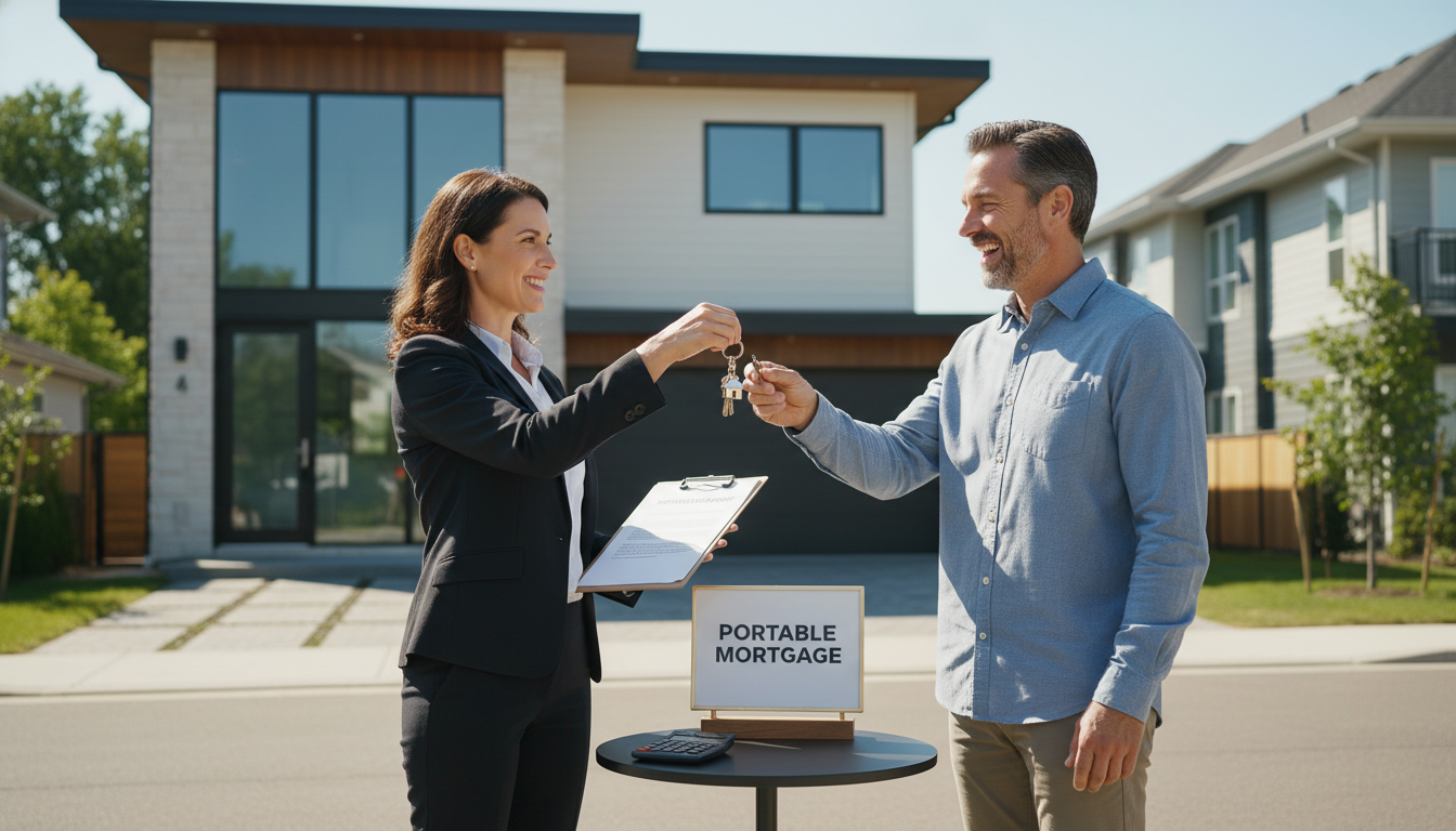 Realtor handing house keys to homeowner with mortgage documents and calculator on clipboard, showing mortgage transfer process