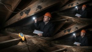 Home inspector checking for mold, pests, and wood rot with flashlight, moisture meter, and checklist in an attic/basement