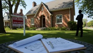 Historic house with heritage plaque, for-sale sign, and documents on a clipboard representing heritage restrictions and real estate