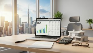 Real estate investor calculating property ROI on laptop with charts, calculator and house model on desk