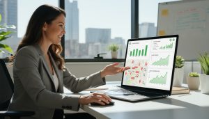 Realtor analyzing keyword rankings and local SEO charts on a laptop in a modern office