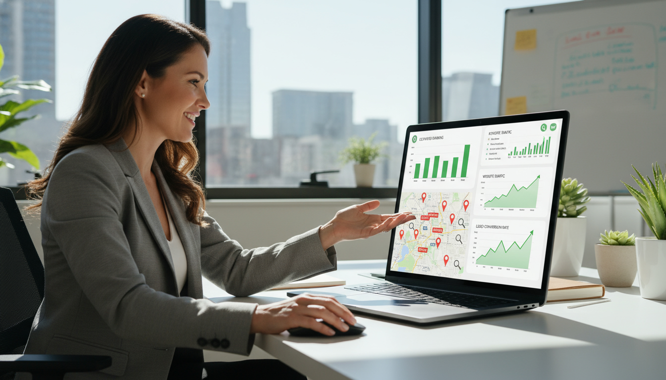 Realtor analyzing keyword rankings and local SEO charts on a laptop in a modern office