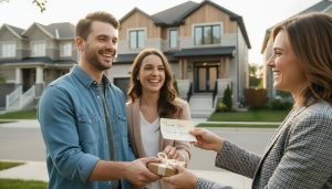 Realtor giving a thank-you note and small gift to happy buyers in front of their new home