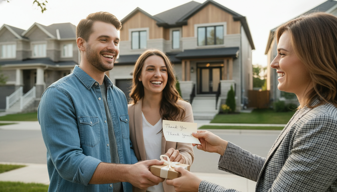 Realtor giving a thank-you note and small gift to happy buyers in front of their new home