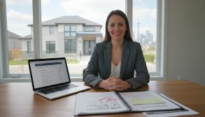 Real estate agent negotiating home inspection repairs with inspection report and contractor estimates on a table