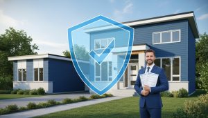 Property with insurance shield overlay and real estate agent holding insurance documents
