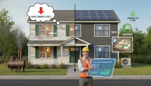 Split-view home showing before and after energy-efficient upgrades including LEDs, insulation, heat pump and solar panels with savings icons