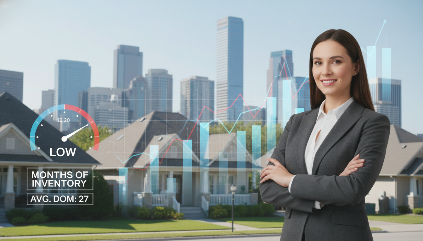 Realtor analyzing housing market charts with homes and skyline in background