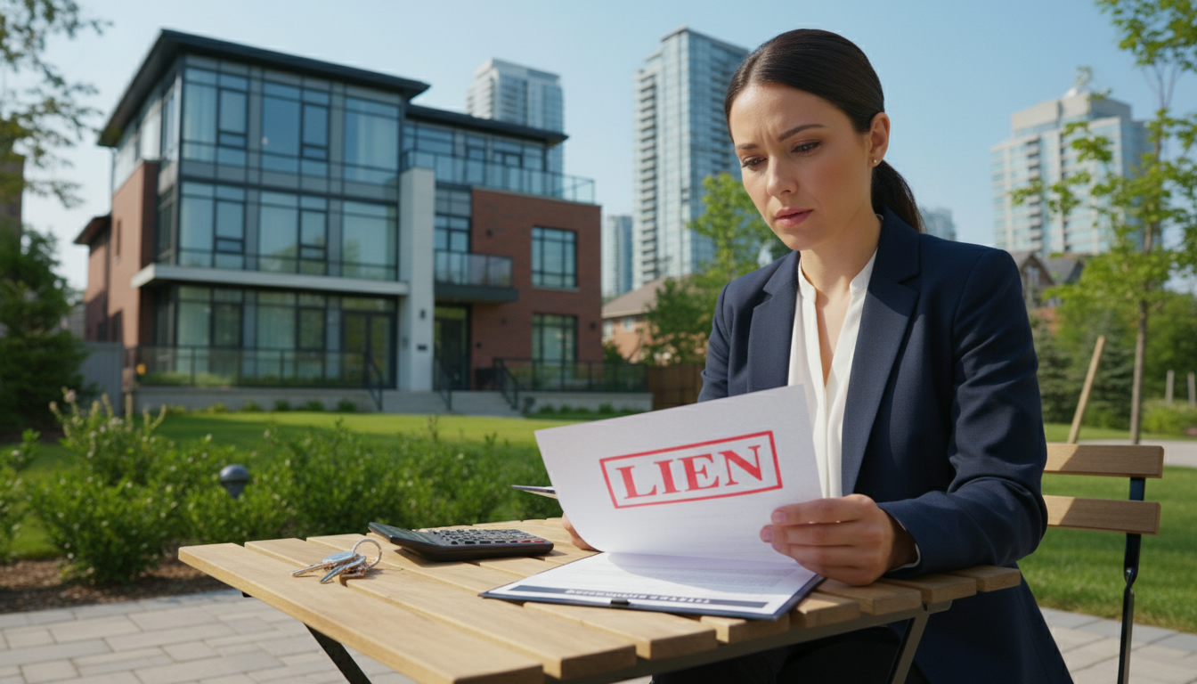 Realtor reviewing property documents with a red LIEN stamp and title search report on a table in front of a house.