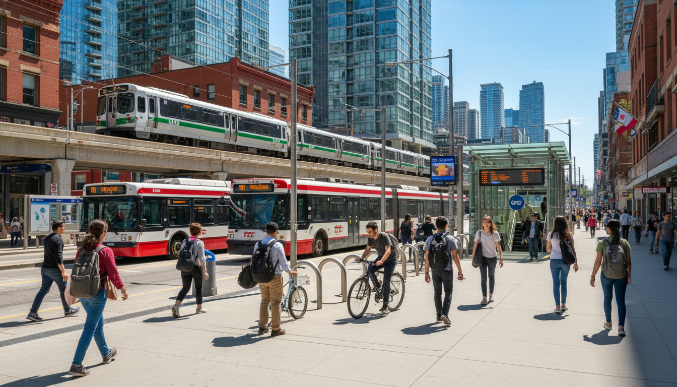 Toronto neighborhood transit hub with buses, streetcar, subway entrance and commuters