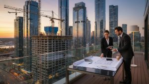Real estate agent and investor reviewing blueprints in front of condo construction cranes and city skyline.