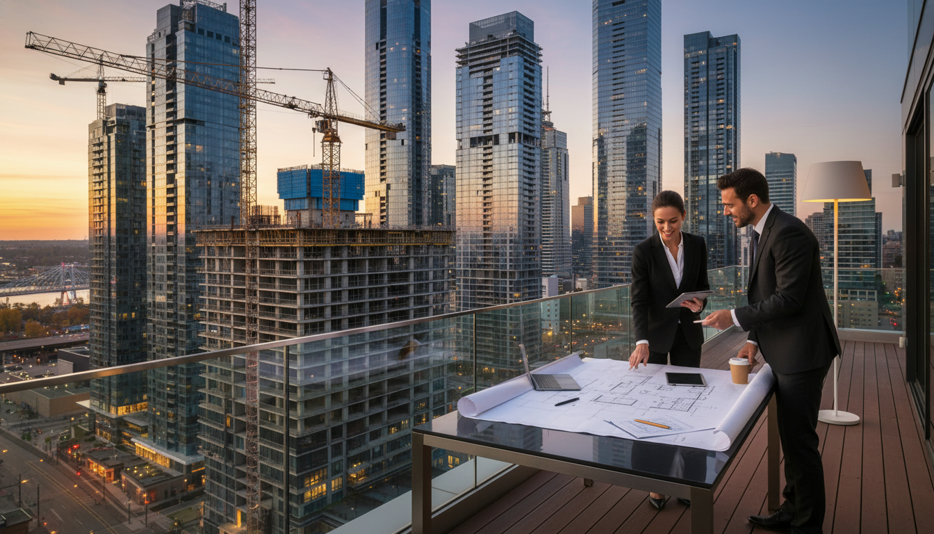 Real estate agent and investor reviewing blueprints in front of condo construction cranes and city skyline.