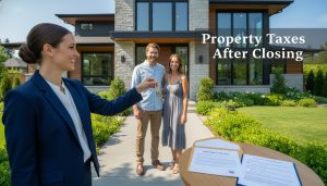 Realtor handing keys to new homeowners with property tax bill and closing checklist on table